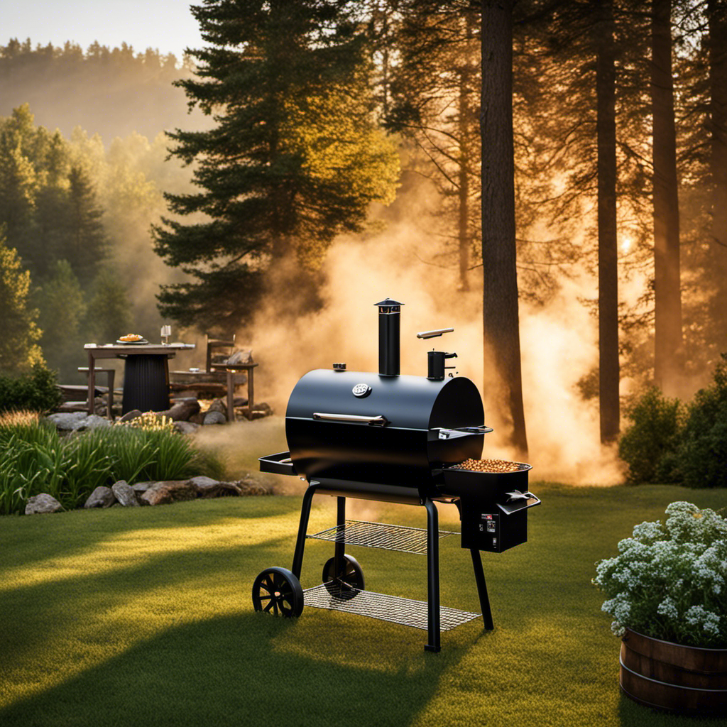 An image showcasing a rustic backyard scene with a wood pellet grill, surrounded by towering trees and emitting a fragrant plume of smoke