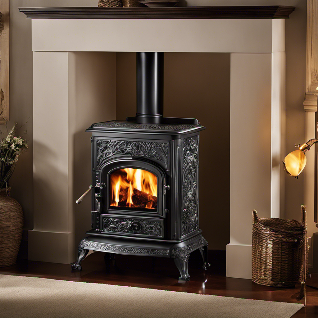 An image showcasing the exquisite craftsmanship of the Vesuvius Wood Stove, featuring a close-up of its intricate cast iron detailing, finely polished surfaces, and elegant curves that embody timeless beauty