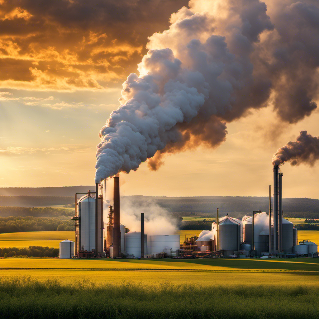An image showcasing a vast, sun-drenched landscape with a towering factory emitting billows of white smoke, surrounded by neatly stacked bags of America Wood Fiber Pellet Fuel, ready for distribution