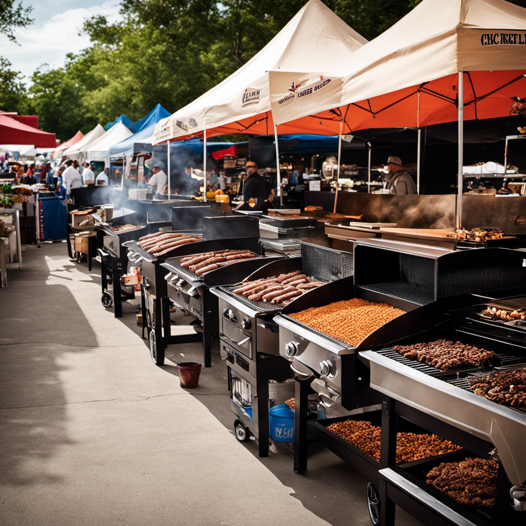 An image showcasing a bustling outdoor market in Houston, Texas, where a vendor proudly displays a variety of Camp Chef wood pellet grills