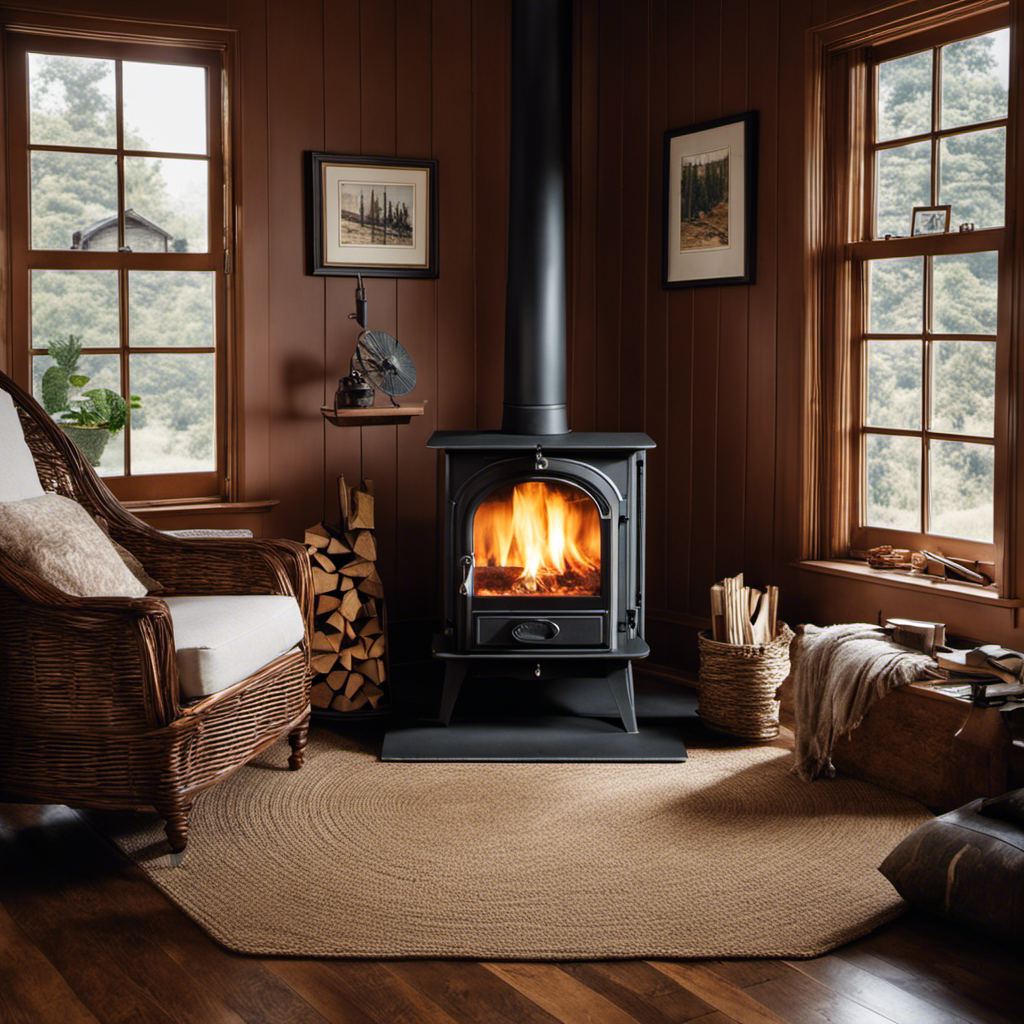 An image showcasing a cozy living room with a crackling wood stove, where a budget-friendly wood stove fan is displayed prominently