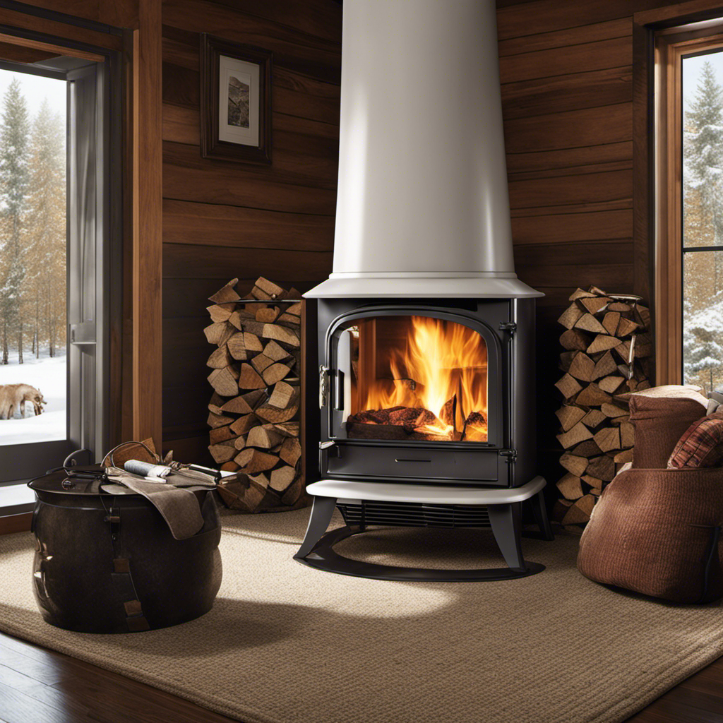An image showcasing a cozy living room with a crackling wood stove at its center