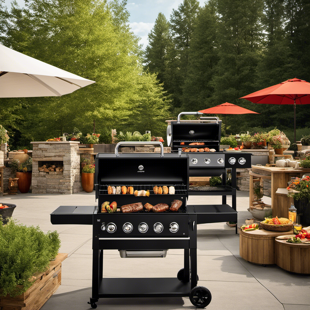 An image that vividly captures the essence of a bustling local outdoor marketplace, showcasing a variety of wood pellet grills on display, surrounded by eager customers and knowledgeable salespeople, in search of the perfect grilling experience