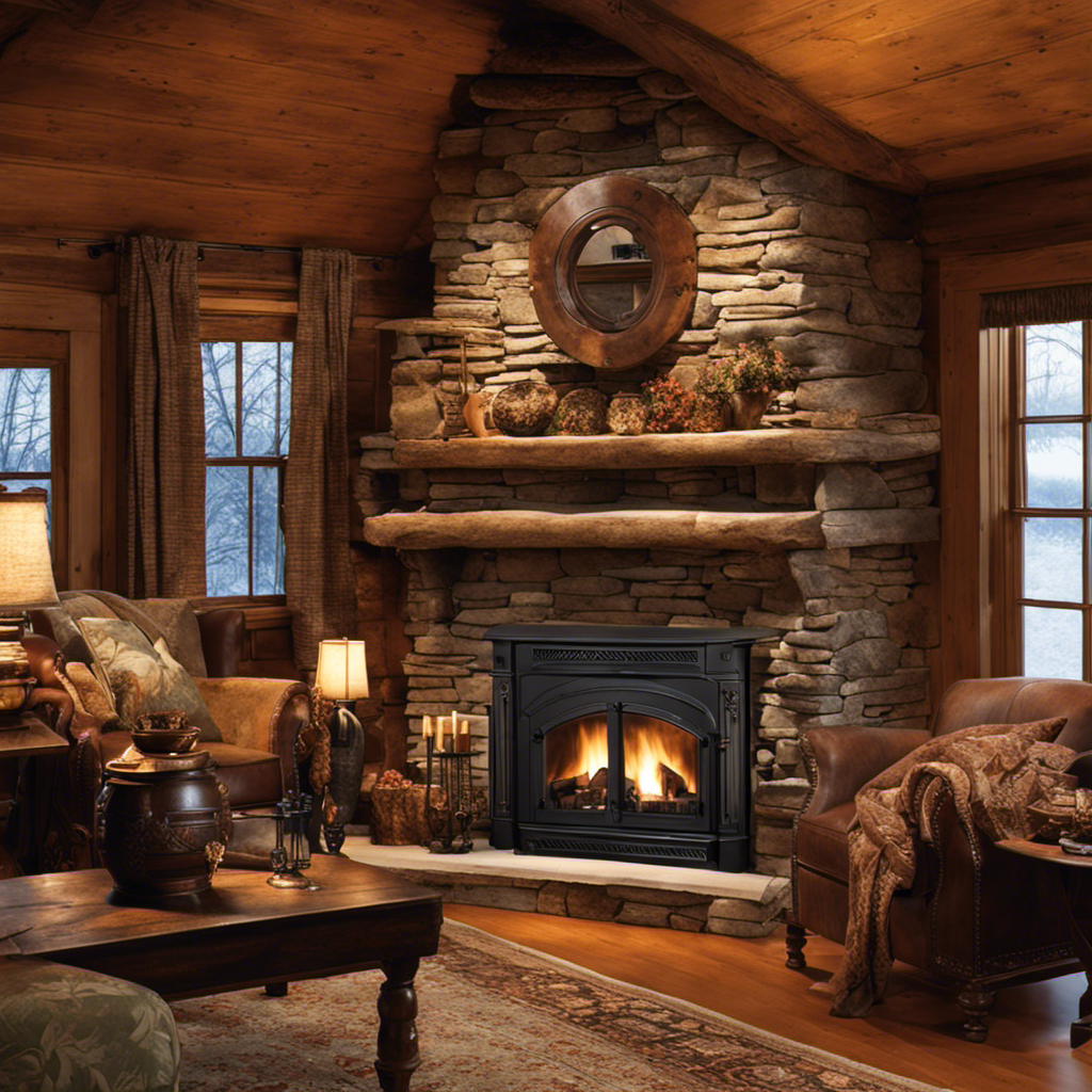An image showcasing a rustic, cozy fireplace adorned with a variety of wood and pellet stove parts, nestled in a charming Clinton, NY setting