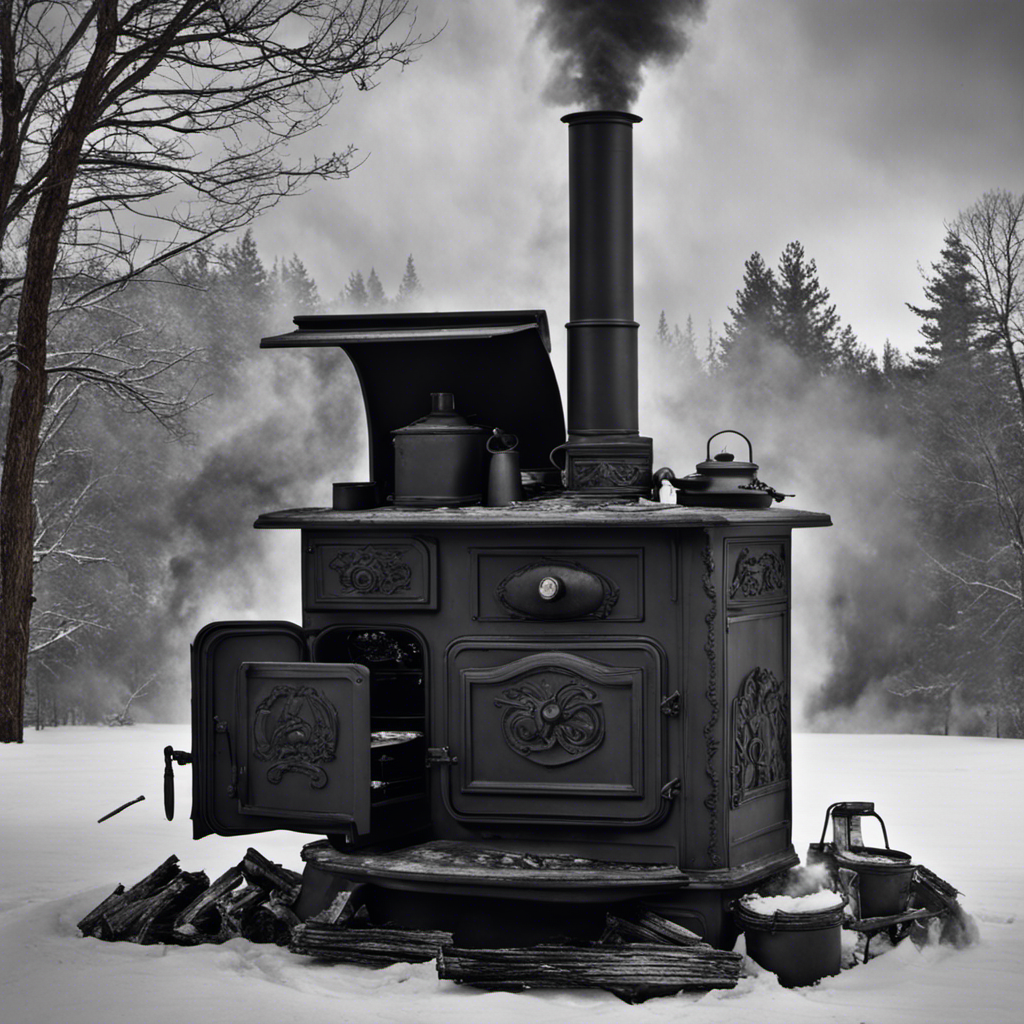 An image of a rustic wood stove engulfed in thick plumes of black smoke, emanating from its chimney, as a mysterious figure clandestinely feeds it with a disturbing combination of human waste, garbage, and used motor oil