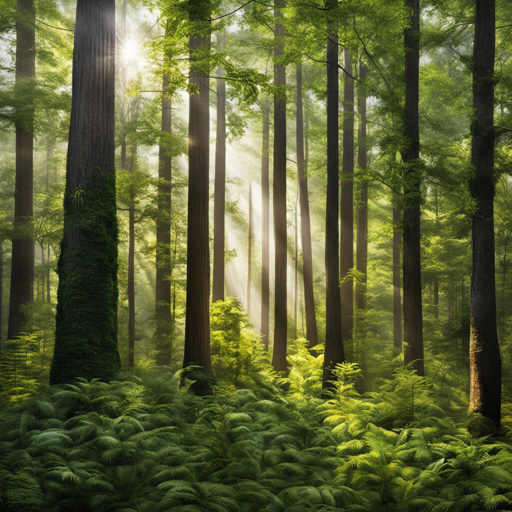 An image showcasing the dense forest of the Southeast US, where towering wood pellet plants emerge from the landscape, highlighting the region's abundant natural resources and the growing demand for sustainable energy sources