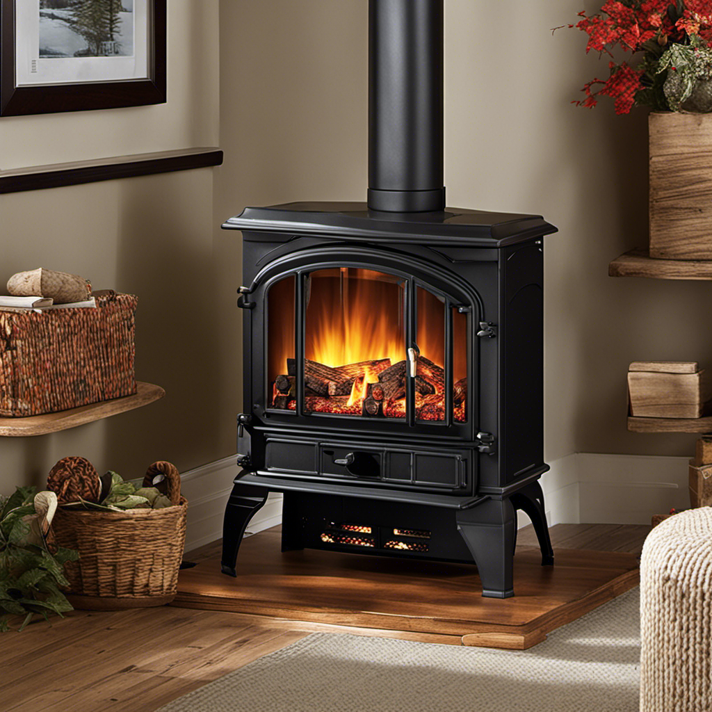 An image showcasing a cozy wood stove with a crackling fire, where a Duraflame log burns brightly