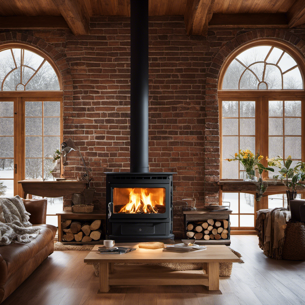 An image showcasing a cozy living room with a wood stove at its center, surrounded by a beautiful brick wall