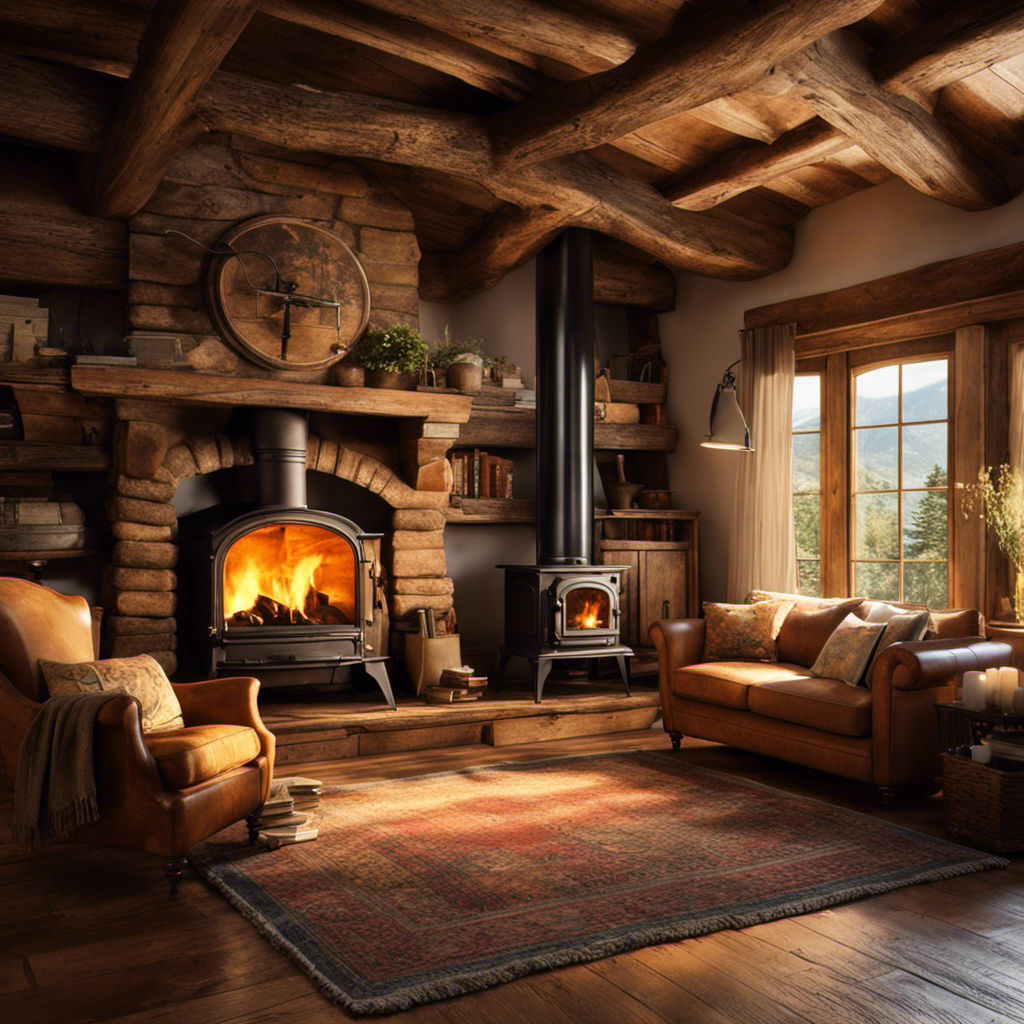 An image showcasing a cozy living room, adorned with a rustic wood stove crackling with fiery warmth