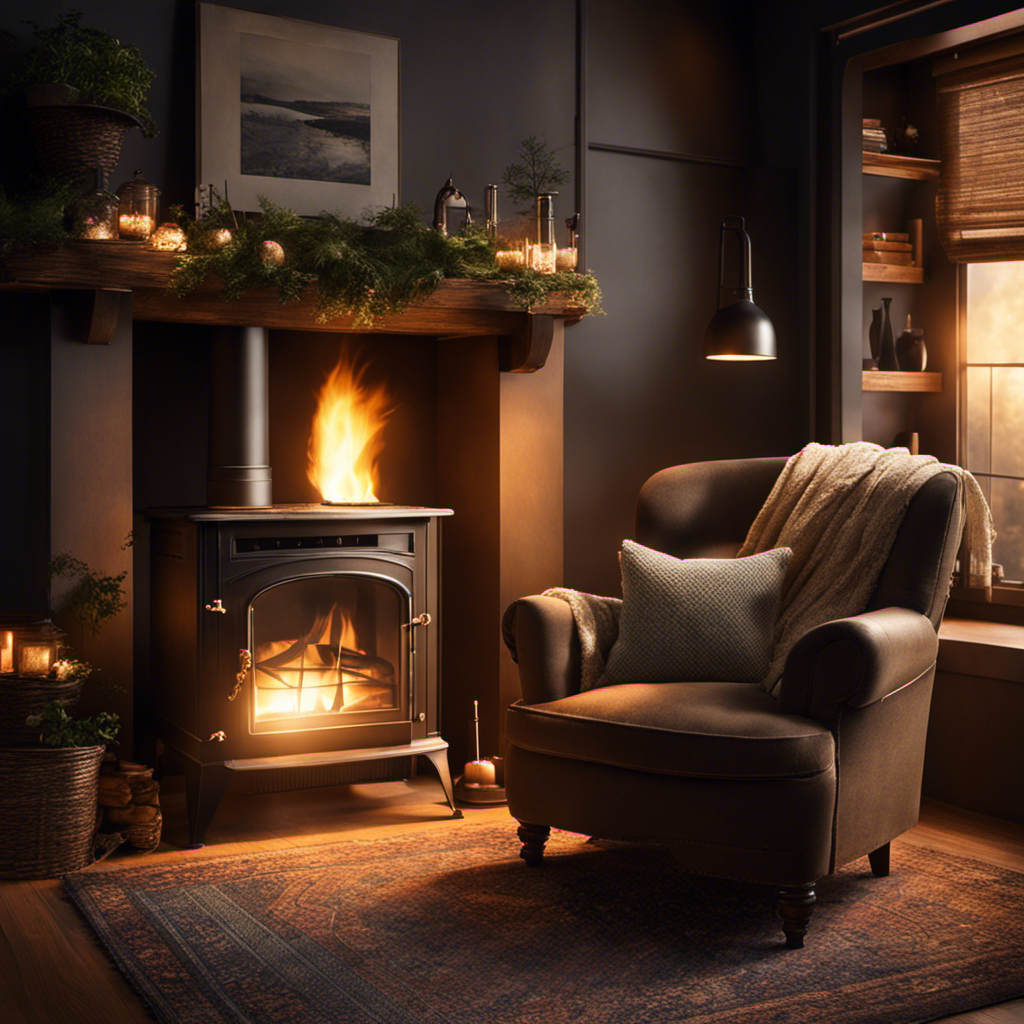 An image that captures the cozy ambiance of a dimly lit living room, where a crackling wood stove emanates gentle warmth