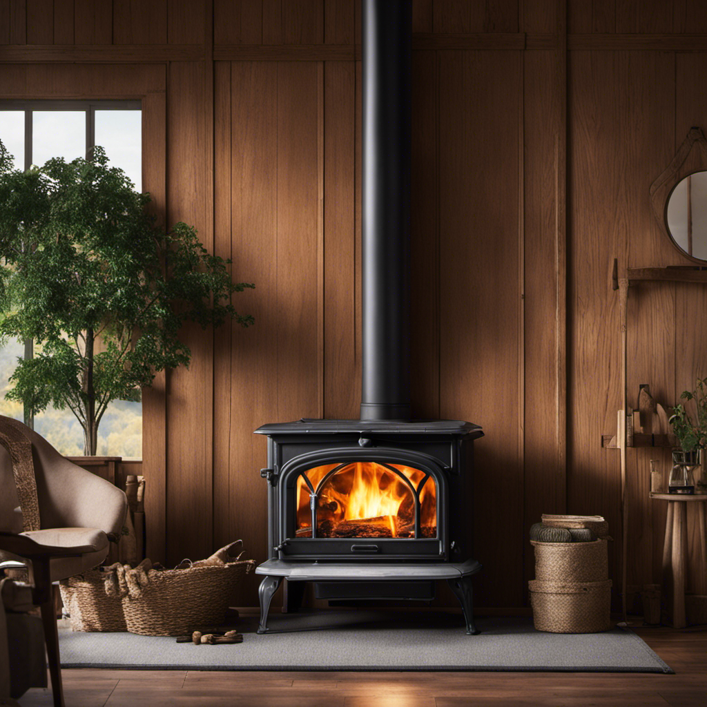 An image of a wood stove in a cozy living room, emitting billowing smoke