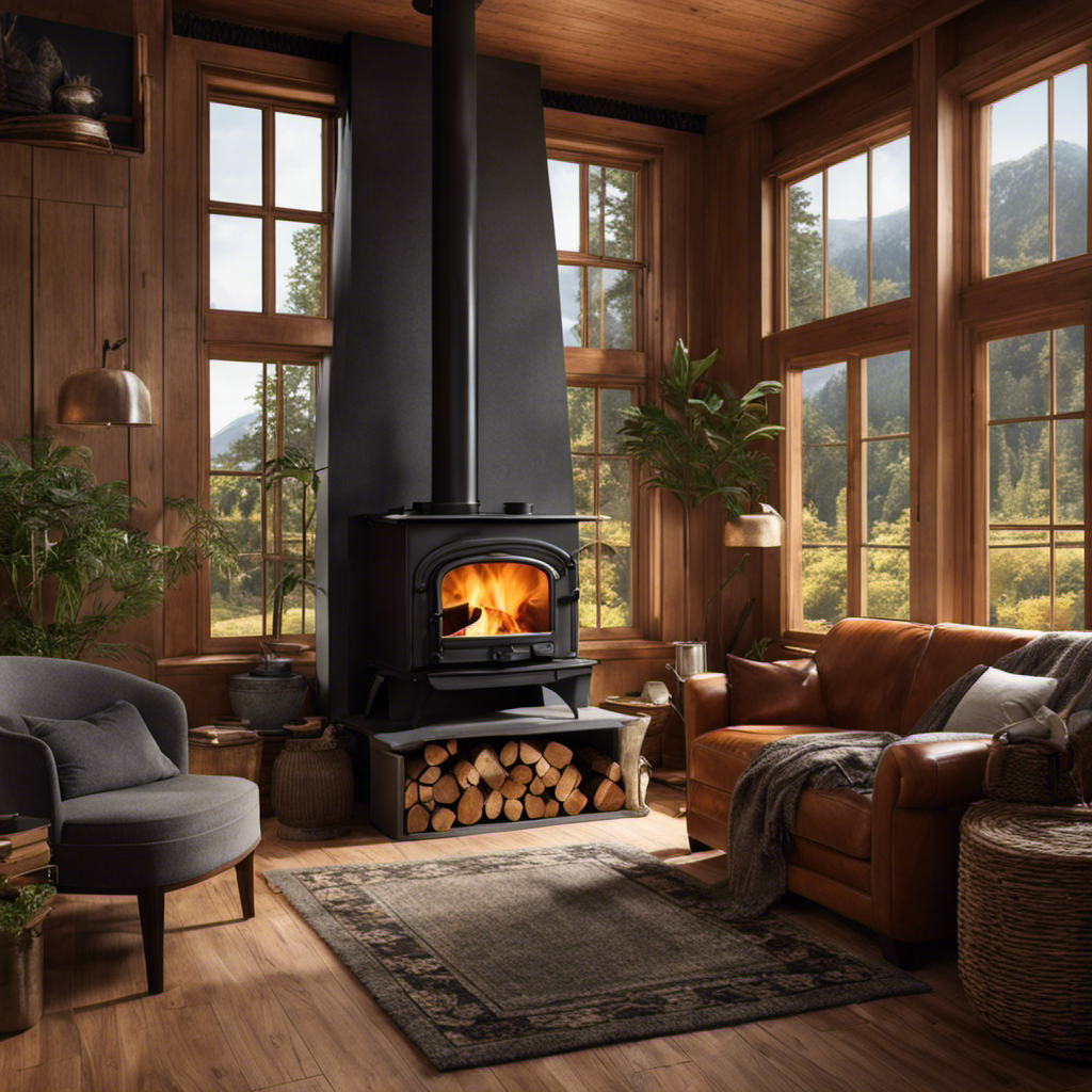 An image depicting a cozy living room, with a wood stove emitting thin wisps of smoke