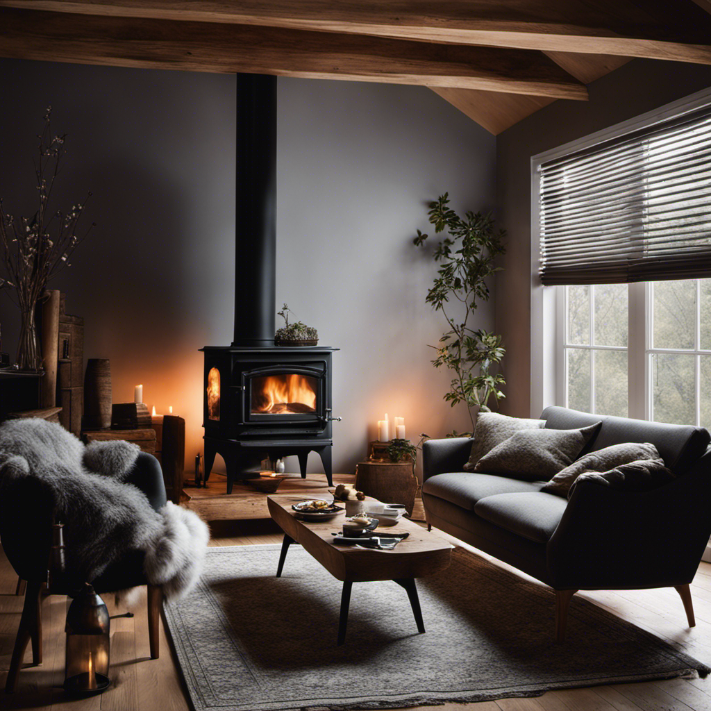 An image depicting a cozy living room with a wood stove emitting intermittent puffs of thick, gray smoke