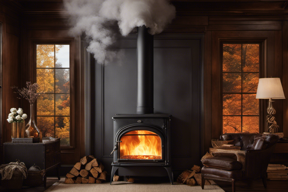 An image capturing the moment a billowing plume of thick, gray smoke engulfs the room as the wood stove door swings open, revealing the mesmerizing dance of fiery embers and swirling smoky tendrils