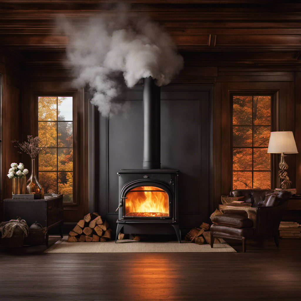 An image capturing the moment a billowing plume of thick, gray smoke engulfs the room as the wood stove door swings open, revealing the mesmerizing dance of fiery embers and swirling smoky tendrils