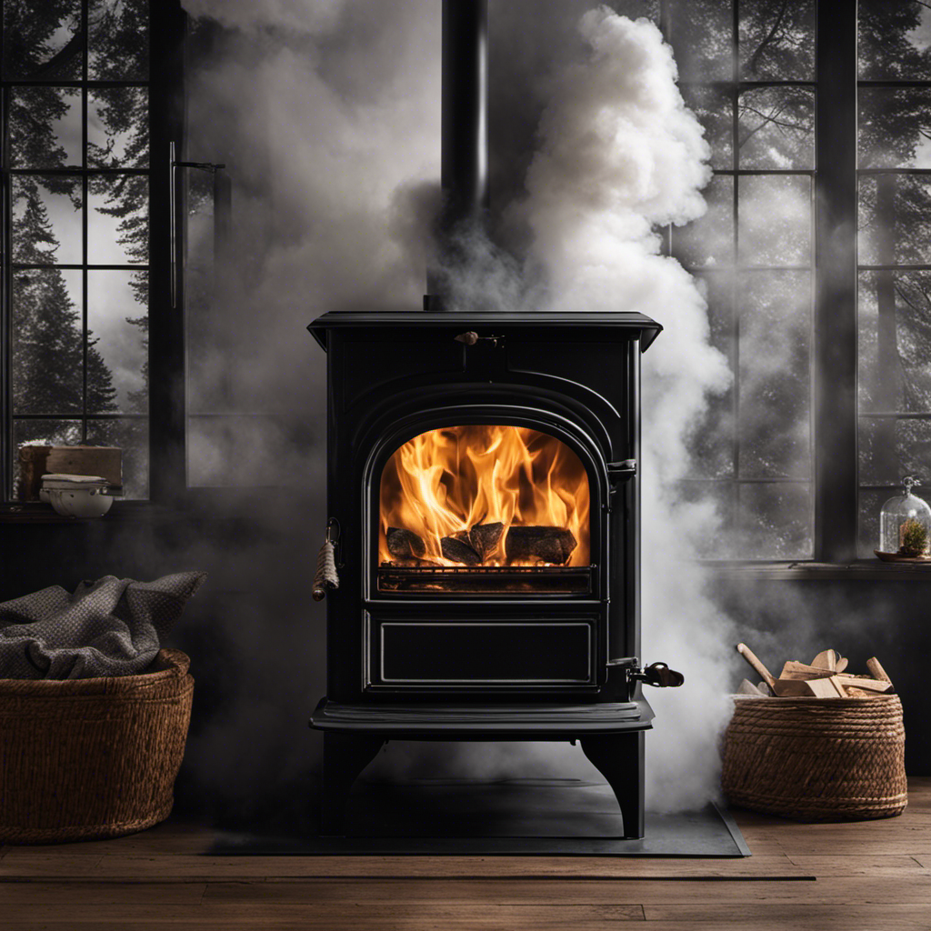 An image capturing the moment a wood stove door swings open, revealing billowing white smoke engulfing the room