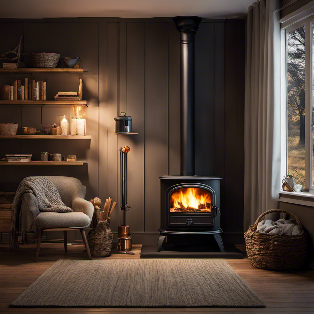 An image that showcases a cozy living room with a propane wood stove in the corner