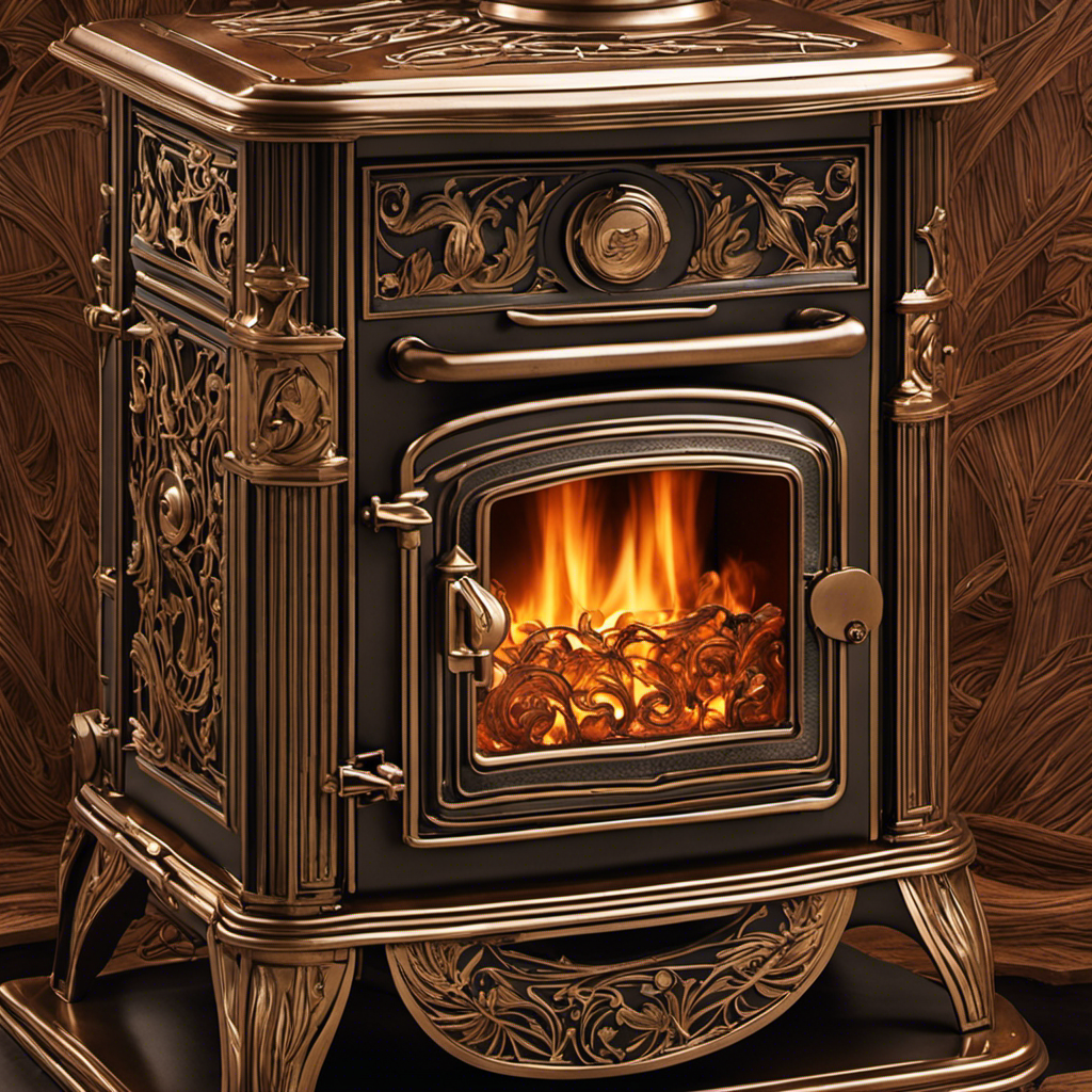 An image of a wood stove with flames dancing inside, emitting warm hues