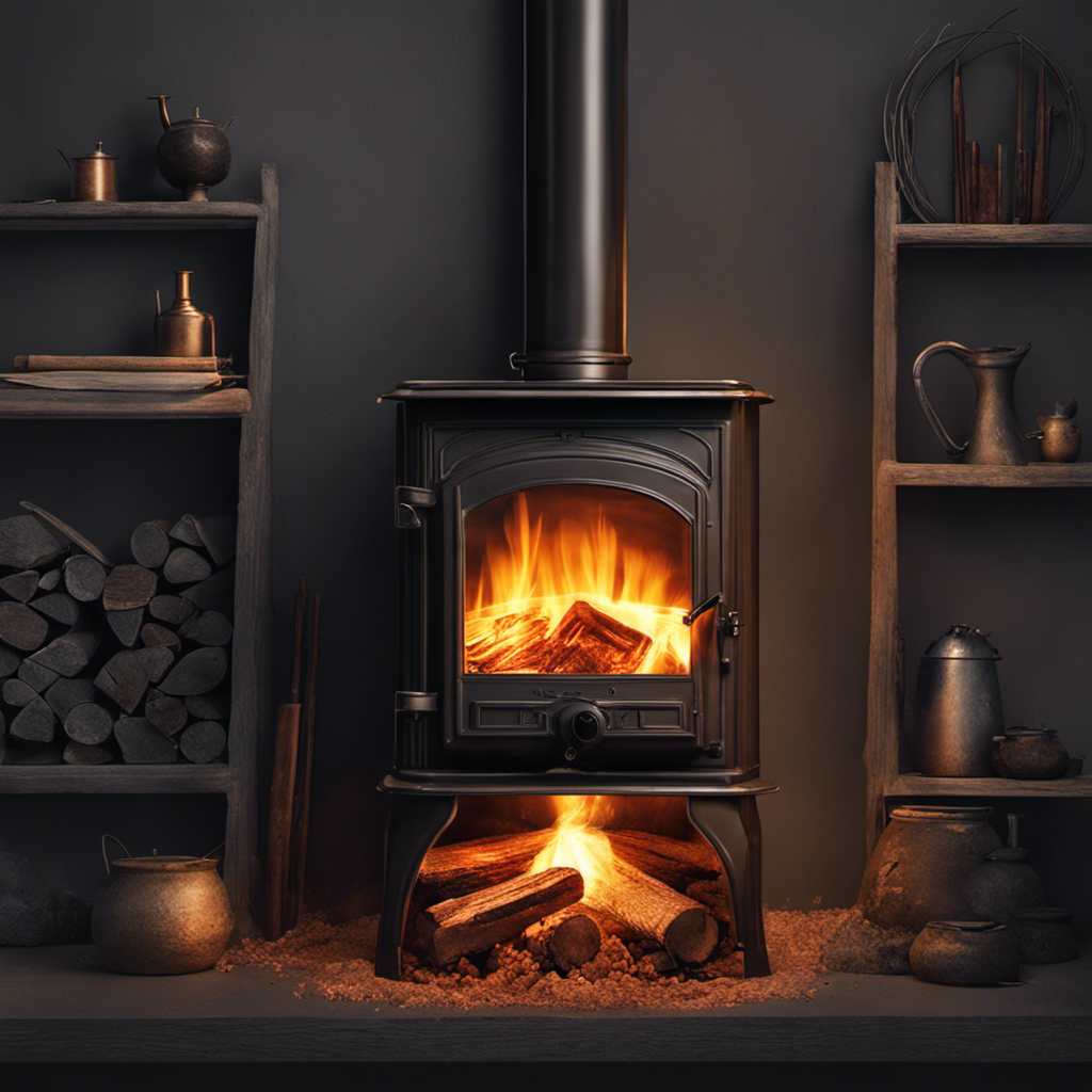 Create an image capturing a wood stove filled with excessive ash, suffocating the fiery glow