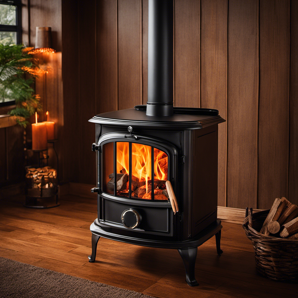 An image showcasing a wood stove with an eco fan on top, surrounded by a dimly lit room