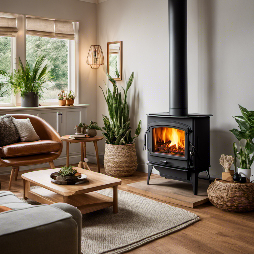An image showcasing a cozy living room with a modern eco-friendly wood stove as the focal point