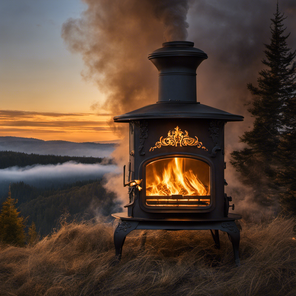 An image capturing the mesmerizing dance of wispy gray smoke spiraling upwards from the crown of a rustic wood stove, intertwining with the golden glow of crackling flames, as if whispering tales of warmth and comfort