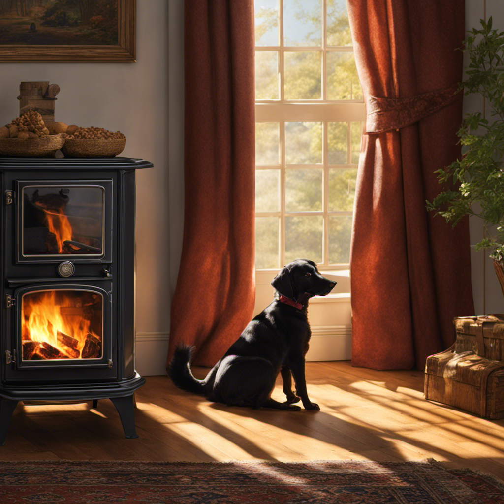 An image capturing a cozy living room scene: a contented dog with a wagging tail, curled up beside a crackling wood stove