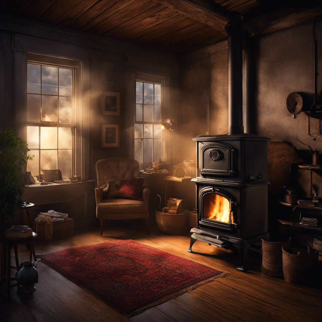 An image capturing a dimly lit room with a wood stove in the corner