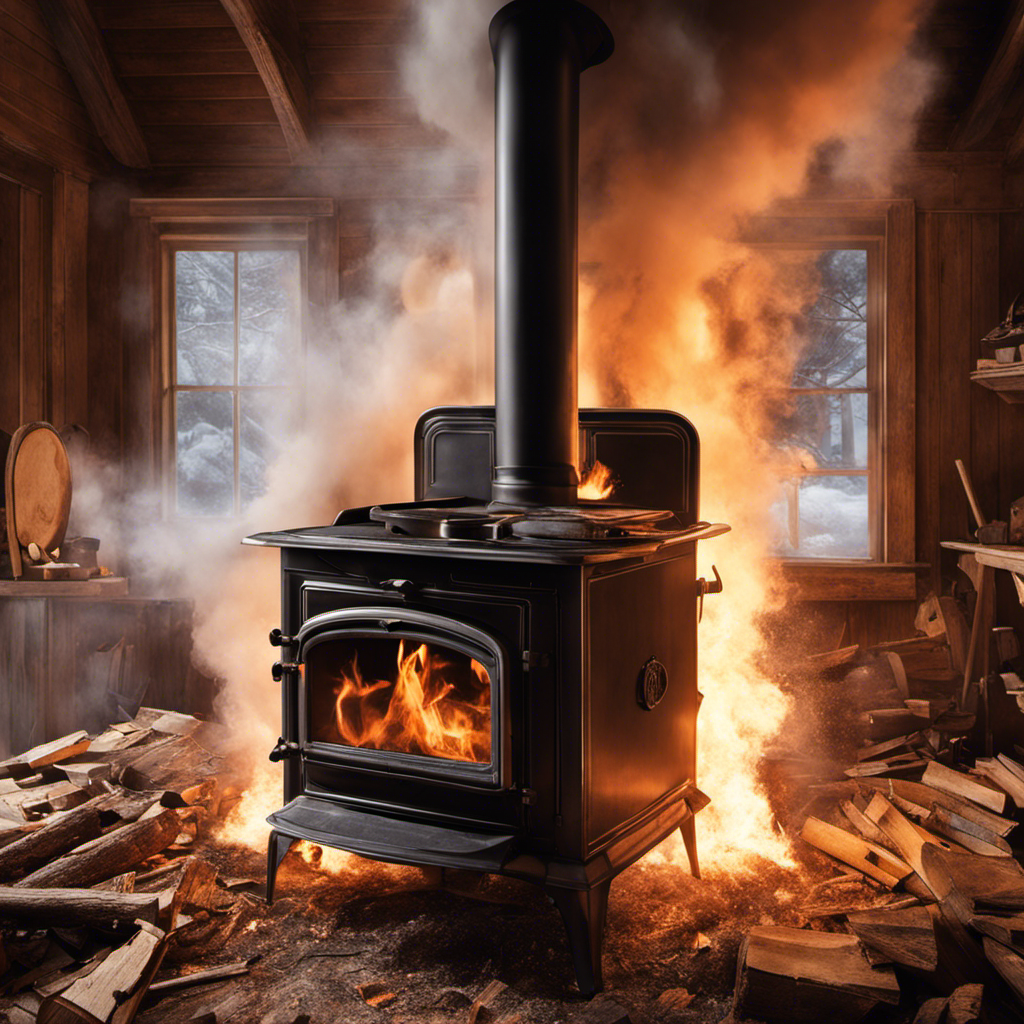 An image depicting a wood stove: billowing smoke fills the room, shattered glass litters the ground, and a shocked individual clutches their ears amidst the deafening silence, capturing the eerie aftermath of a wood stove explosion