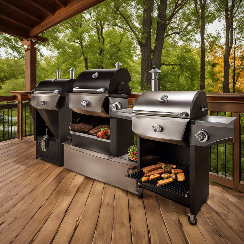 An image showcasing a variety of high-quality wood pellet grills lined up on a rustic wooden deck