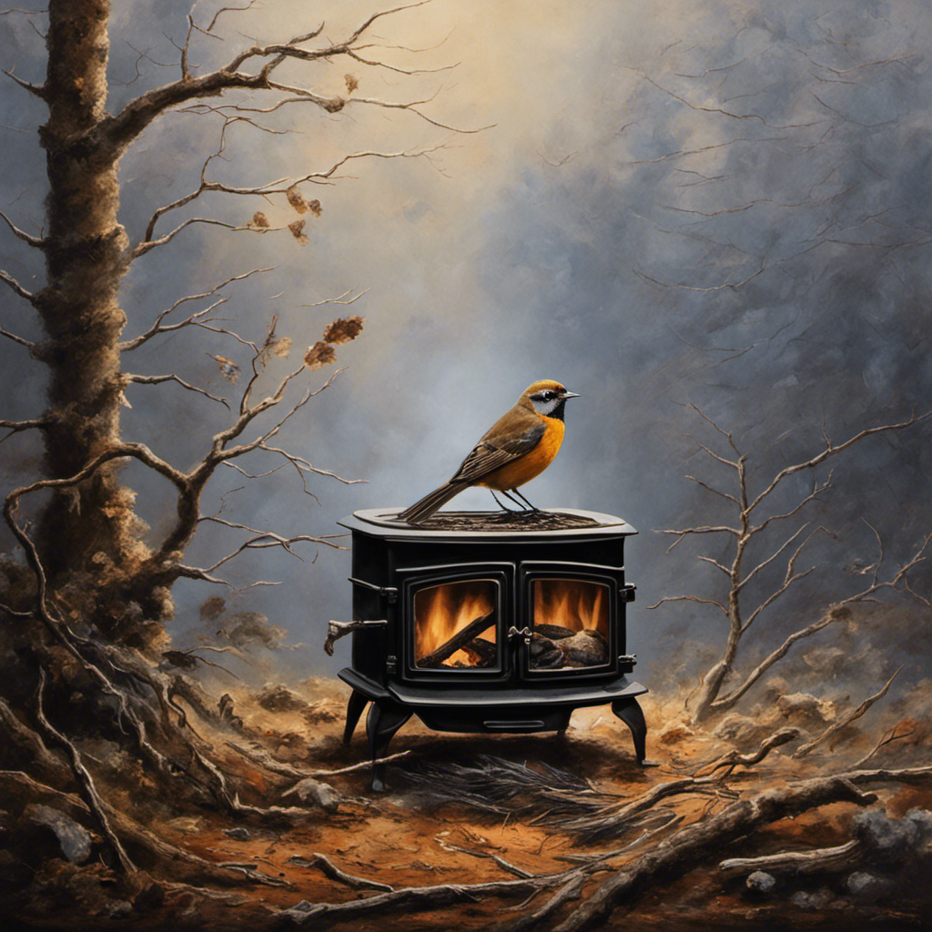 An image that depicts a delicate bird perched on a branch, surrounded by a pile of wood stove ashes