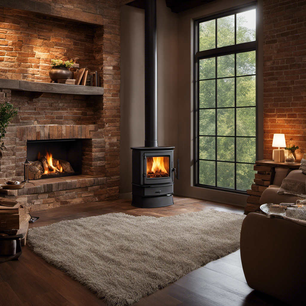 An image that showcases a cozy living room with a wood stove positioned approximately three feet away from a beautifully textured and earth-toned brick wall