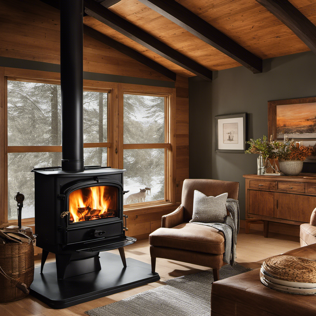 An image showcasing a cozy room with a wood stove as the focal point