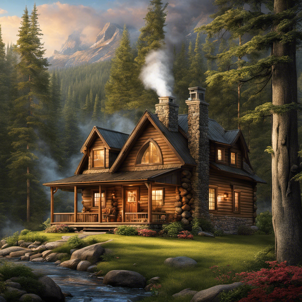 the image of a quaint woodland cabin, nestled amidst towering trees, with wisps of smoke gracefully escaping the chimney
