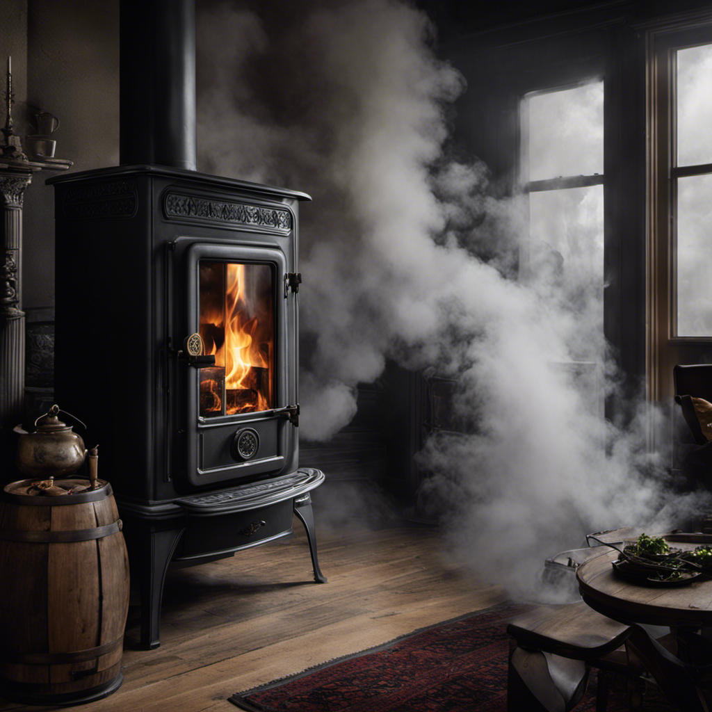 An image showcasing a wood stove emitting thick plumes of gray smoke, engulfing the room, as the closed door fails to contain it