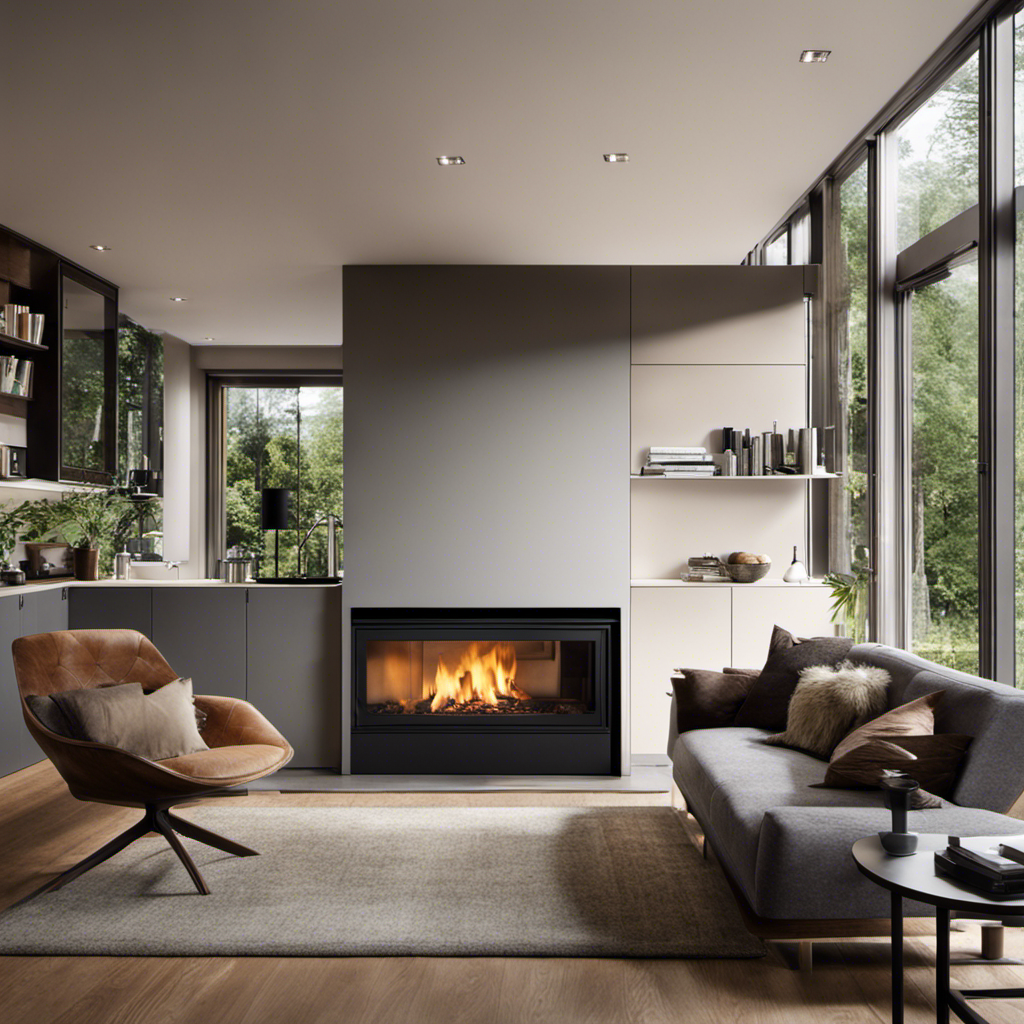An image showcasing a cozy living room with a traditional fireplace, adorned with a sleek wood stove that seamlessly fits inside