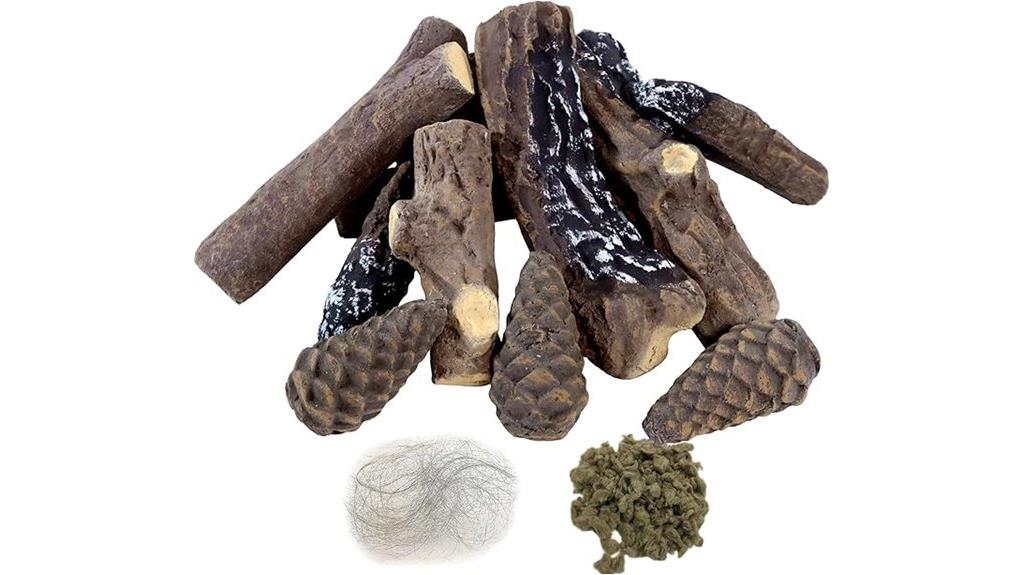 fake log set with pinecones