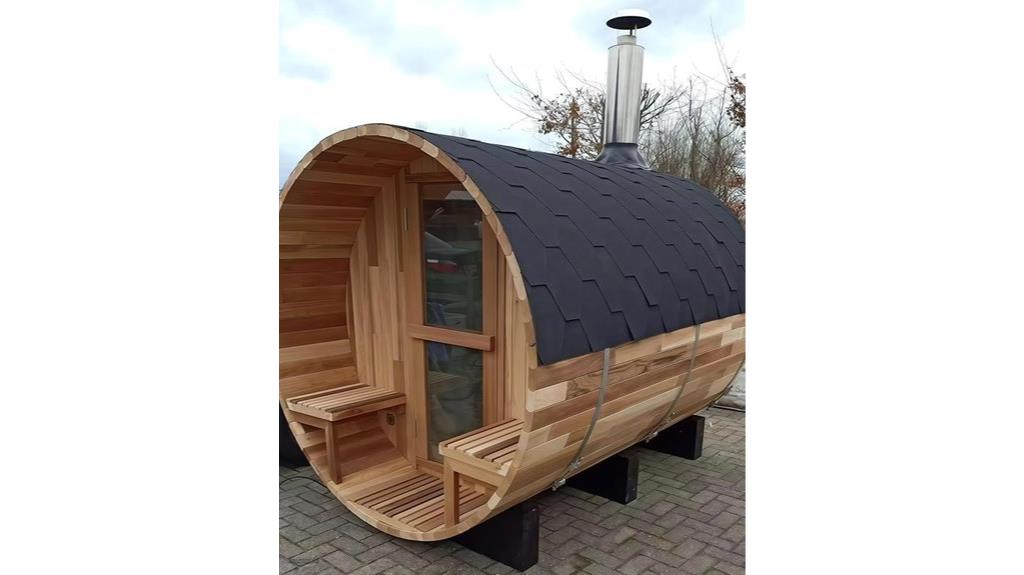 large wooden sauna with porch